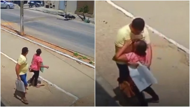 Mulher se assusta e desmaia ao ver motociclista ser arremessado em acidente